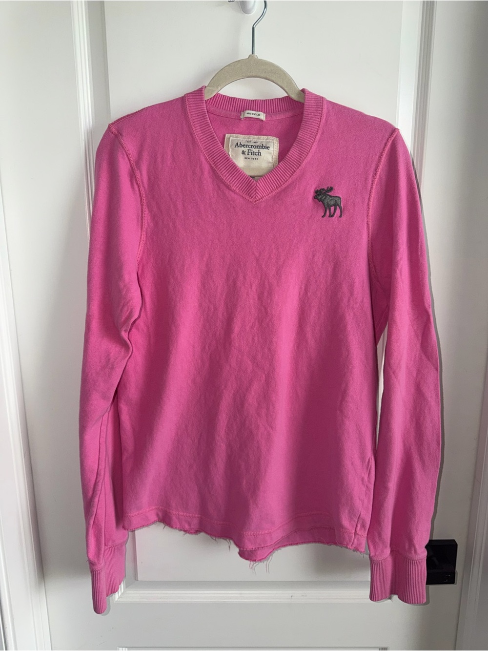 Abercrombie & Fitch Y2K Pink Moose V Neck Sweatshirt Muscle Fit Medium Raw Hem